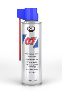 K2 07 250 ML - Produkt wielozadaniowy: likwiduje piski, smaruje, czyści, penetruje, chroni przed korozją.