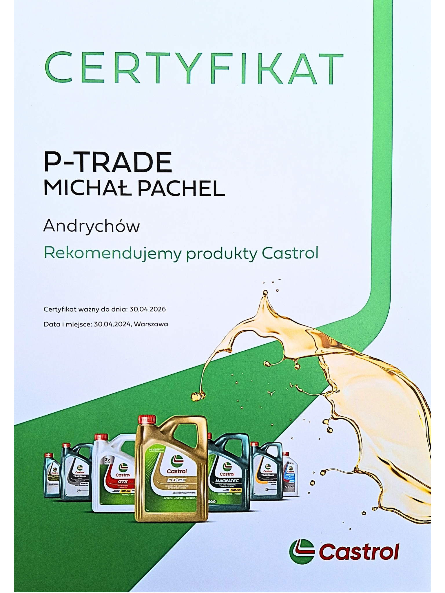 certyfikat castrol oryginalneoleje.pl